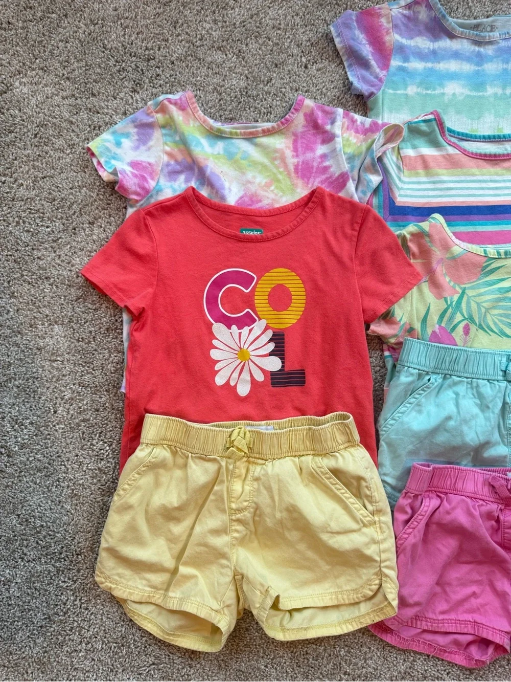 Girls Size 6 Summer Outfit Lot 8 Pieces Graphic Tees & Shorts Tie Dye Stripes